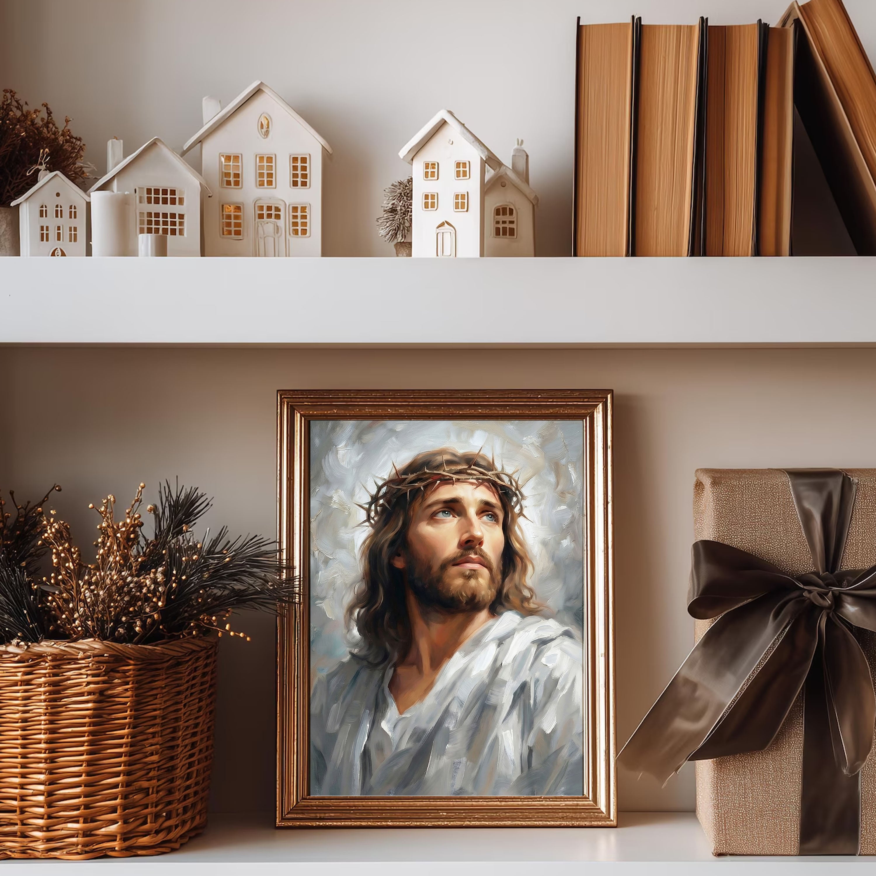 Jesus Crown of Thorns Wall Art Canvas Print, Christ Portrait Christian Painting, Religious Home Decor
