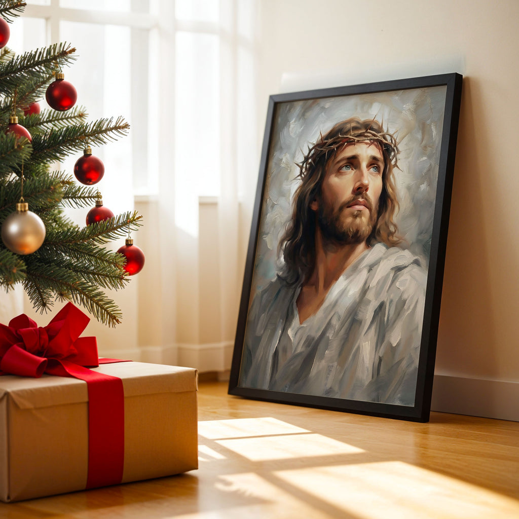 Jesus Crown of Thorns Wall Art Canvas Print, Christ Portrait Christian Painting, Religious Home Decor