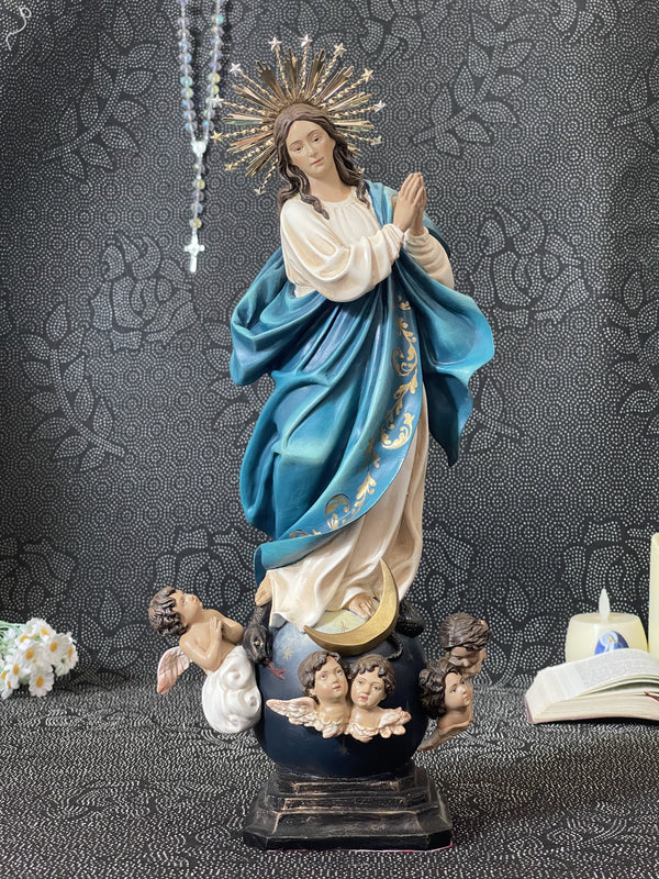 Hand-painted Immaculate Conception Virgin Mary statue with blue mantle, gold halo, and angel base