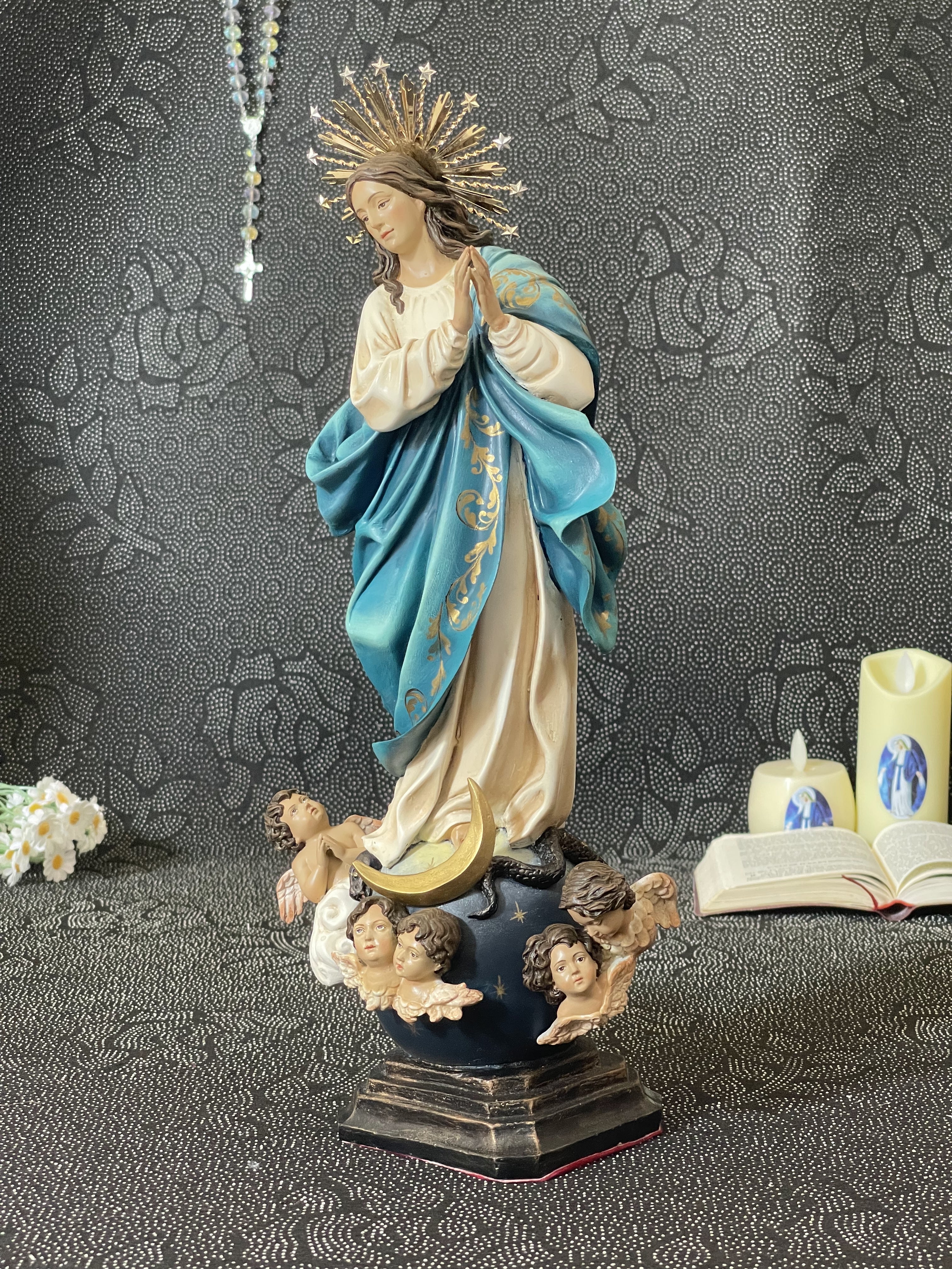 Hand-painted Immaculate Conception Virgin Mary statue with blue mantle, gold halo, and angel base