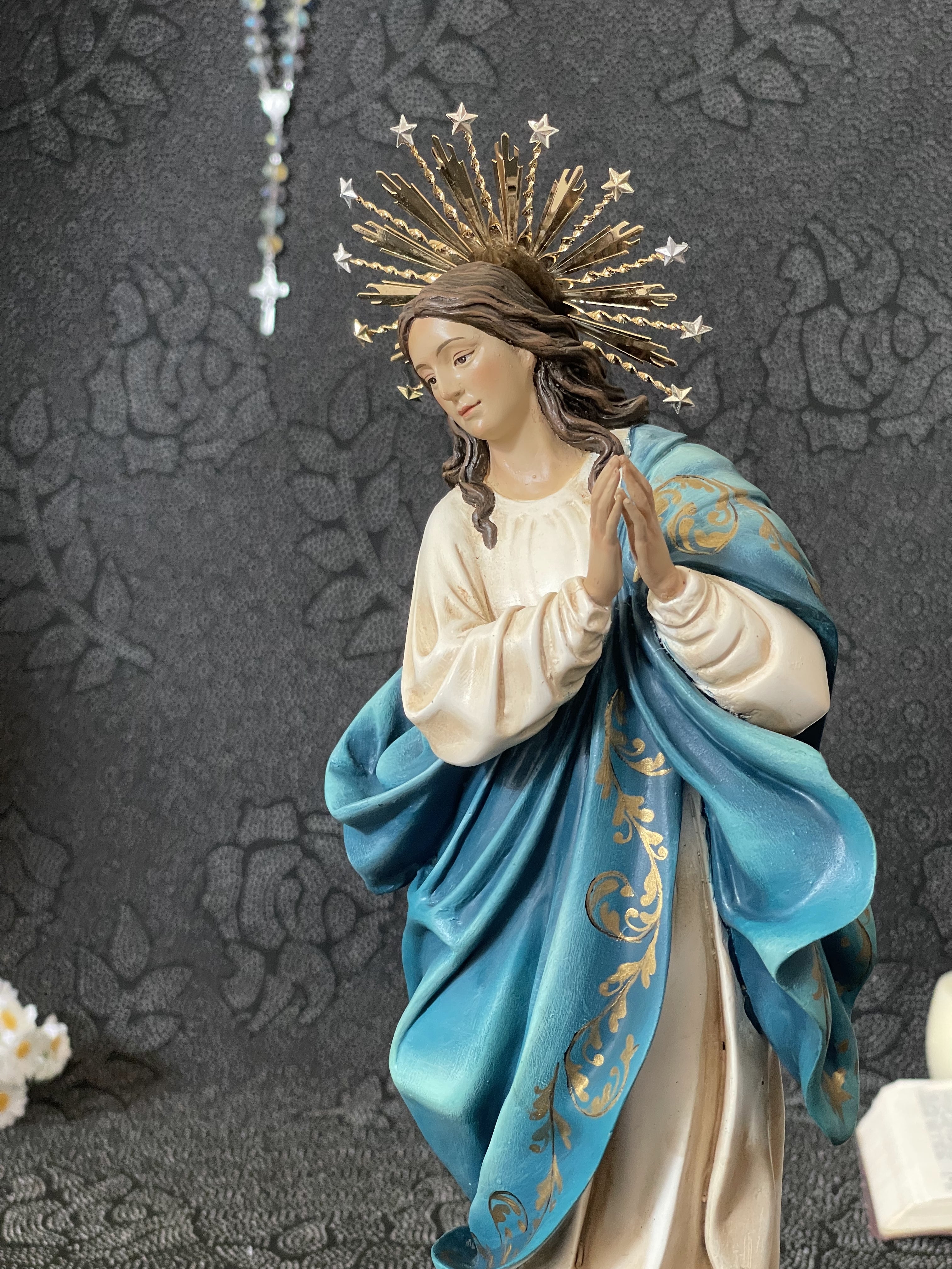 Hand-painted Immaculate Conception Virgin Mary statue with blue mantle, gold halo, and angel base