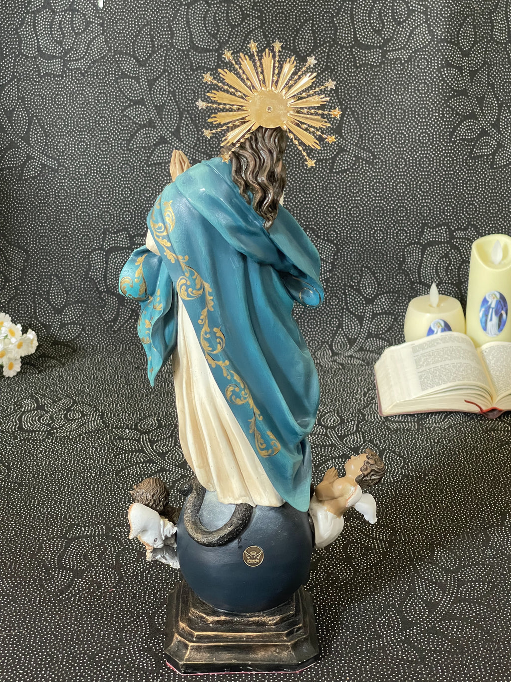 Hand-painted Immaculate Conception Virgin Mary statue with blue mantle, gold halo, and angel base