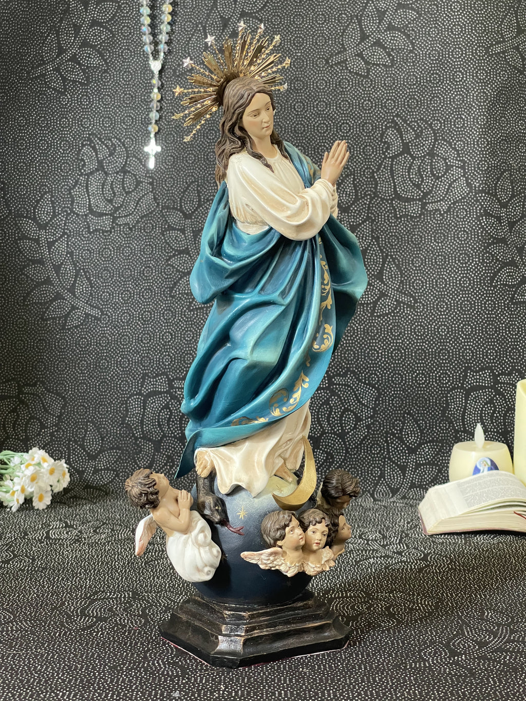 Hand-painted Immaculate Conception Virgin Mary statue with blue mantle, gold halo, and angel base