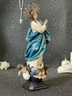 Hand-painted Immaculate Conception Virgin Mary statue with blue mantle, gold halo, and angel base