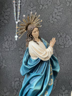 Hand-painted Immaculate Conception Virgin Mary statue with blue mantle, gold halo, and angel base