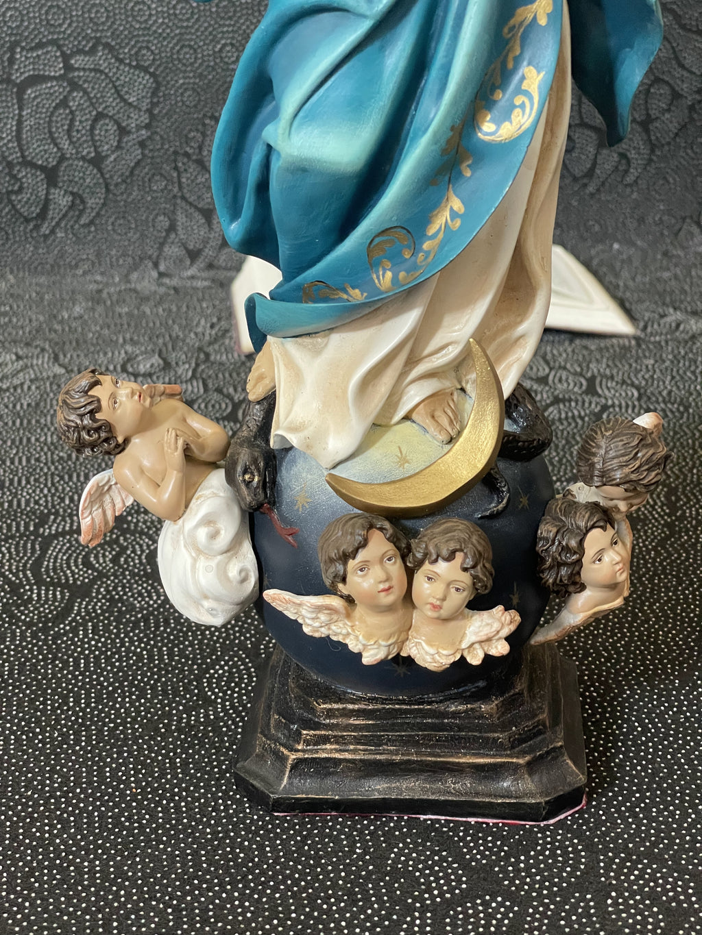 Hand-painted Immaculate Conception Virgin Mary statue with blue mantle, gold halo, and angel base