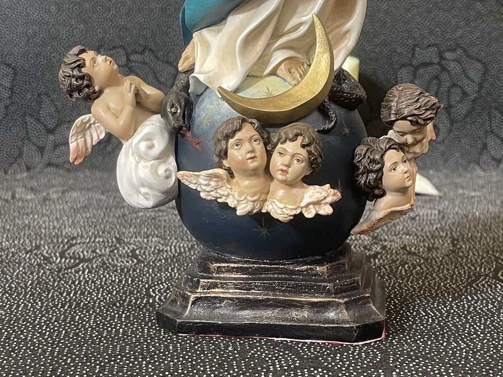 Hand-painted Immaculate Conception Virgin Mary statue with blue mantle, gold halo, and angel base