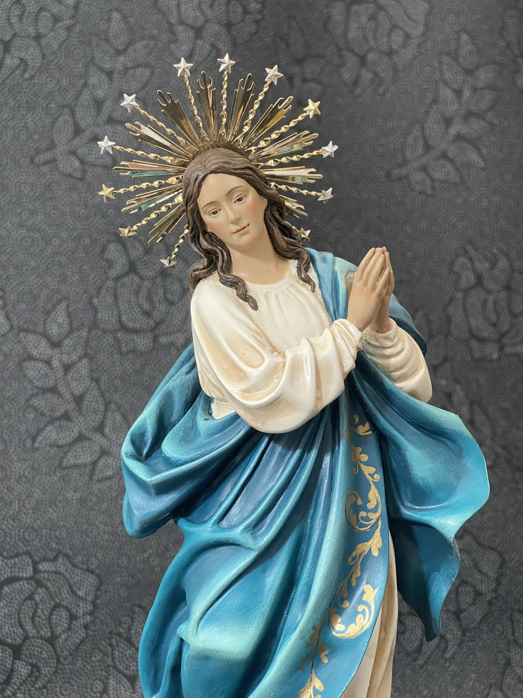 Hand-painted Immaculate Conception Virgin Mary statue with blue mantle, gold halo, and angel base