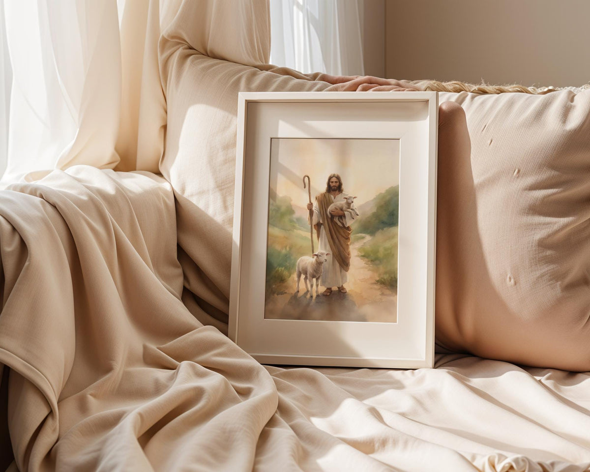 Jesus Christ Good Shepherd Watercolor Painting - Christian Wall Art Print - Lamb of God Religious Decor Poster Canvas