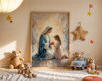 Virgin Mary Praying with Child Canvas Print, Marian Mother Daughter Faith Art