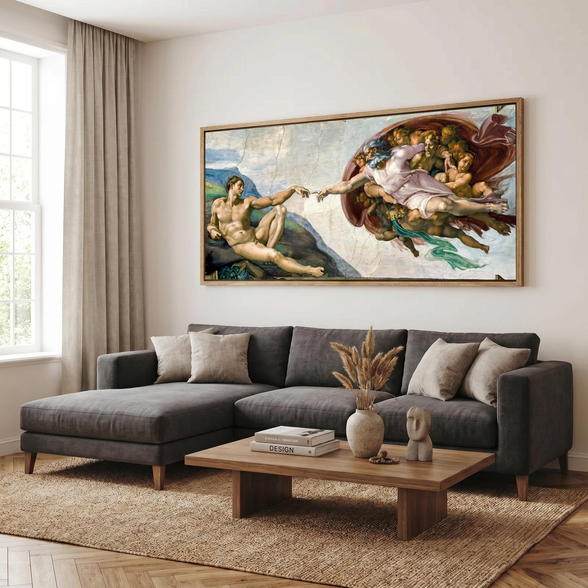 The Creation of Adam Panoramic Wall Art - Michelangelo Sistine Chapel Canvas Print - Large Renaissance Masterpiece
