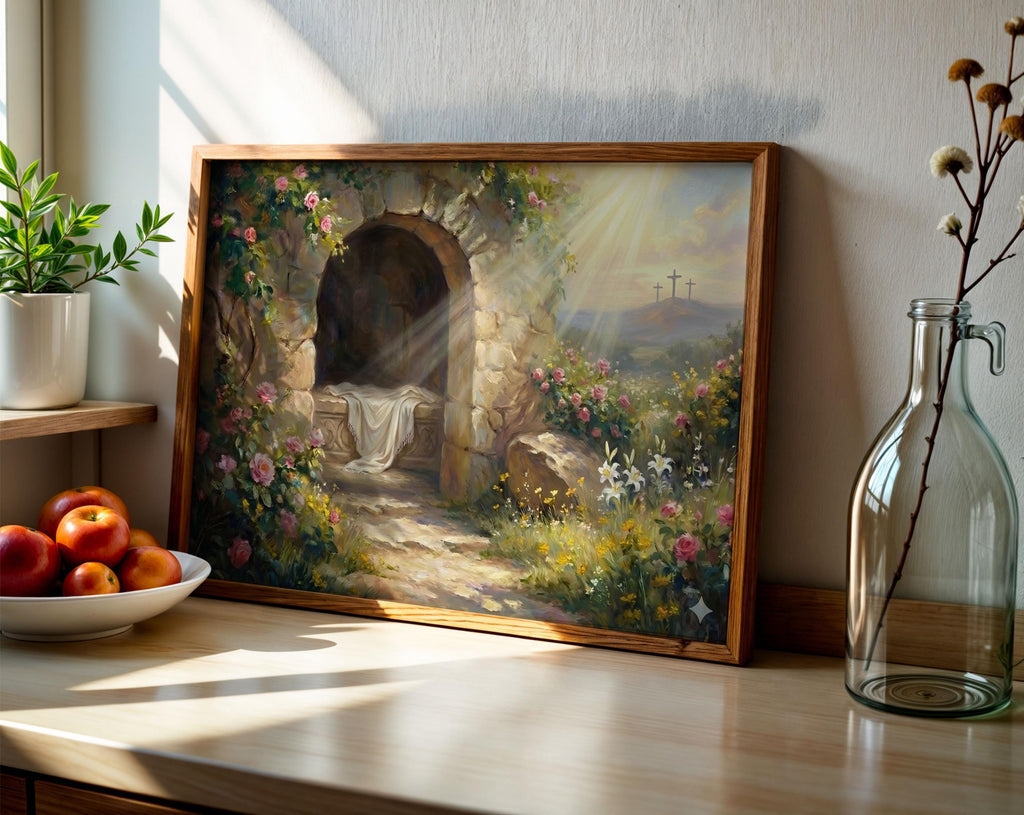 Resurrection Canvas Print, Empty Tomb Sunrise Painting, Christian Easter Decor, Floral Garden Home Poster