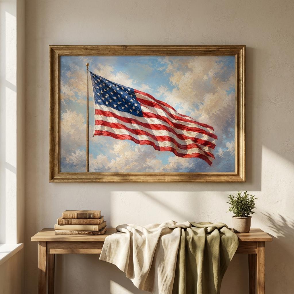American Flag Oil Painting Print: Majestic Americana Canvas Art, Patriotic Home Decor