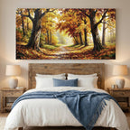 Autumn Forest Panoramic Oil Painting, Extra Wide Fall Landscape Canvas Print, Golden Tree Path Wall Art Decor