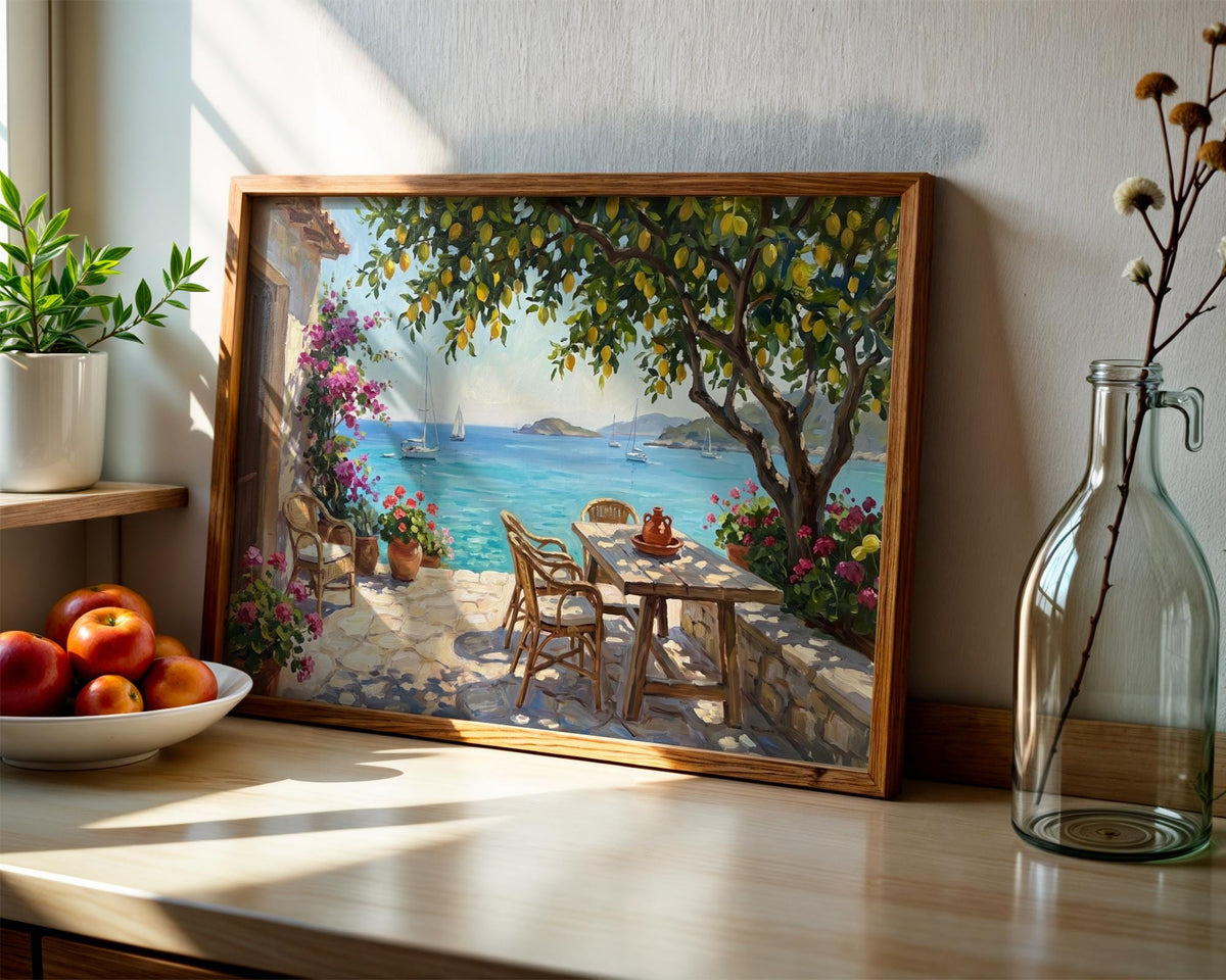 Amalfi Coast Lemon Tree Wall Art, Mediterranean Sea View Oil Painting, Italy Coastal Terrace Canvas, Summer Home Decor