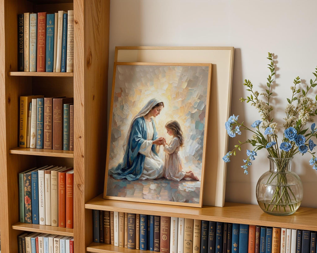 Virgin Mary Praying with Child Canvas Print, Marian Mother Daughter Faith Art