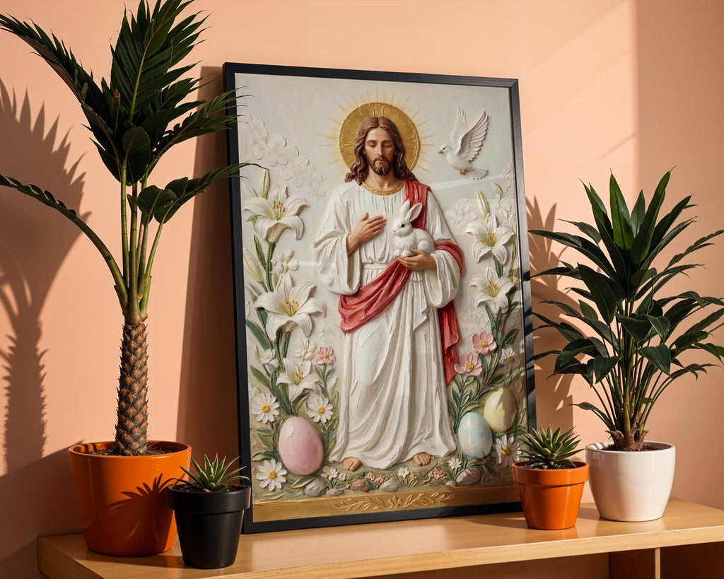 Jesus with Lamb, Lily & Dove – Art Print, Easter Gift