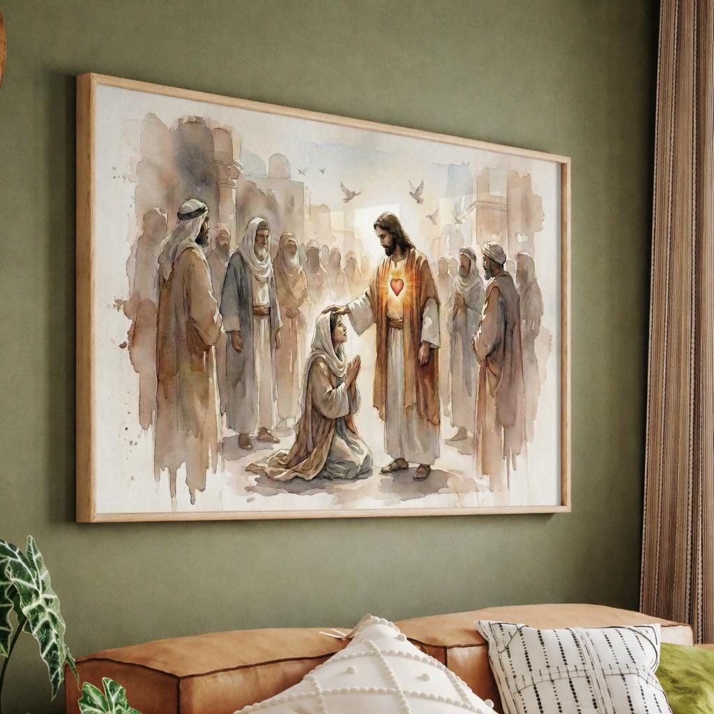 Sacred Heart of Jesus Watercolor Wall Art - Healing Christ Blessing Woman Print - Christian Home Decor Catholic Gift