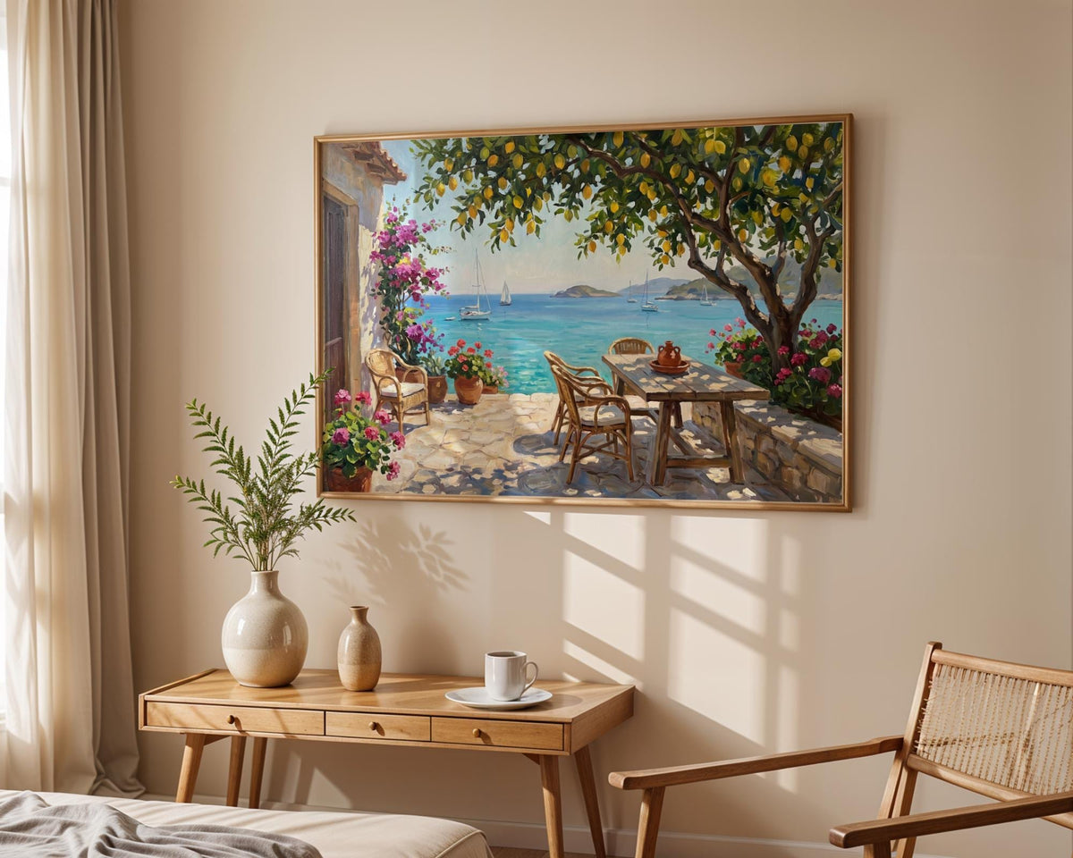 Amalfi Coast Lemon Tree Wall Art, Mediterranean Sea View Oil Painting, Italy Coastal Terrace Canvas, Summer Home Decor