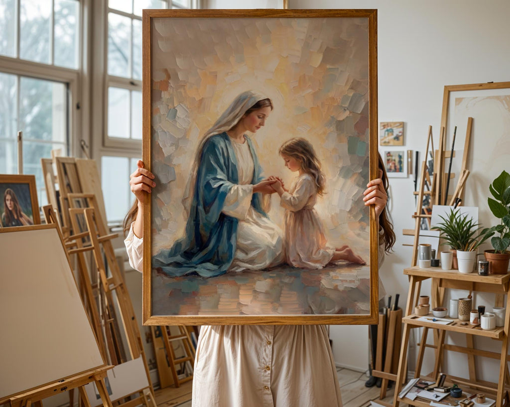 Virgin Mary Praying with Child Canvas Print, Marian Mother Daughter Faith Art