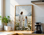 Jesus Walking with Child in Daisy Field Painting, Christian Wall Art, Religious Nursery Decor, Impasto Oil Canvas
