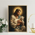 Good Shepherd Jesus Canvas Print, Christ Holding Lamb Painting, Religious Home Decor Poster