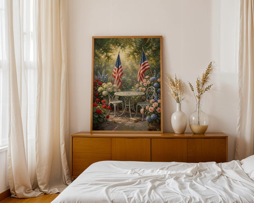 American Flag Garden Canvas Print, Vintage Floral Patio Painting, Summer Decor