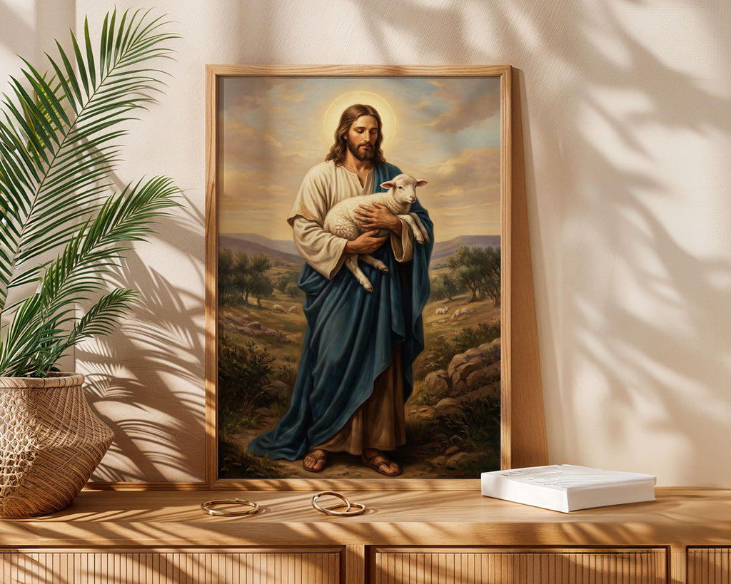 Good Shepherd Jesus Canvas Print, Christ Lamb Painting, Religious Home Decor Poster