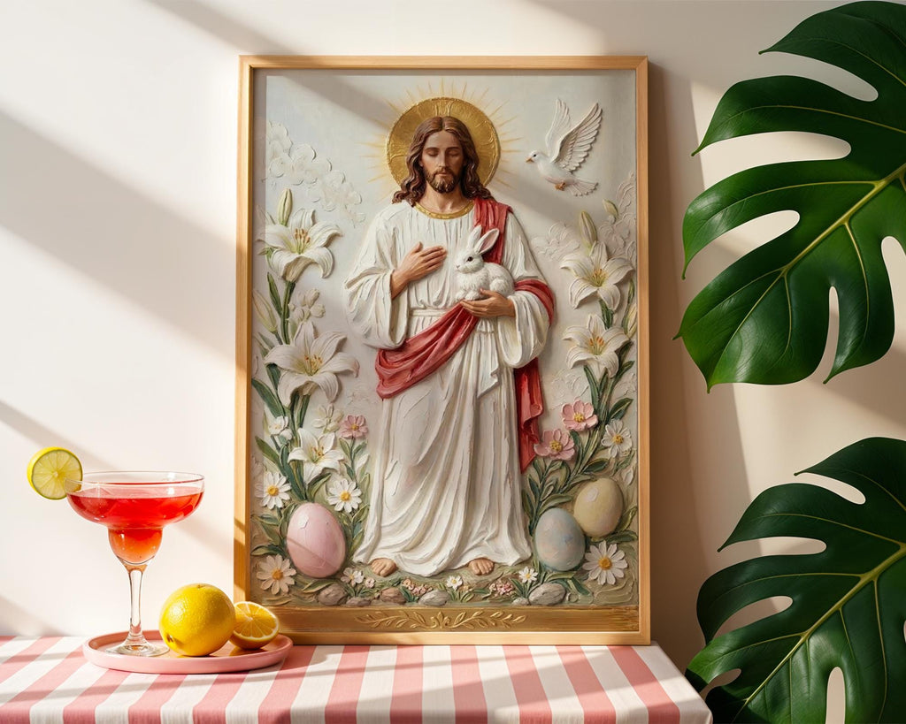 Jesus with Lamb, Lily & Dove – Art Print, Easter Gift