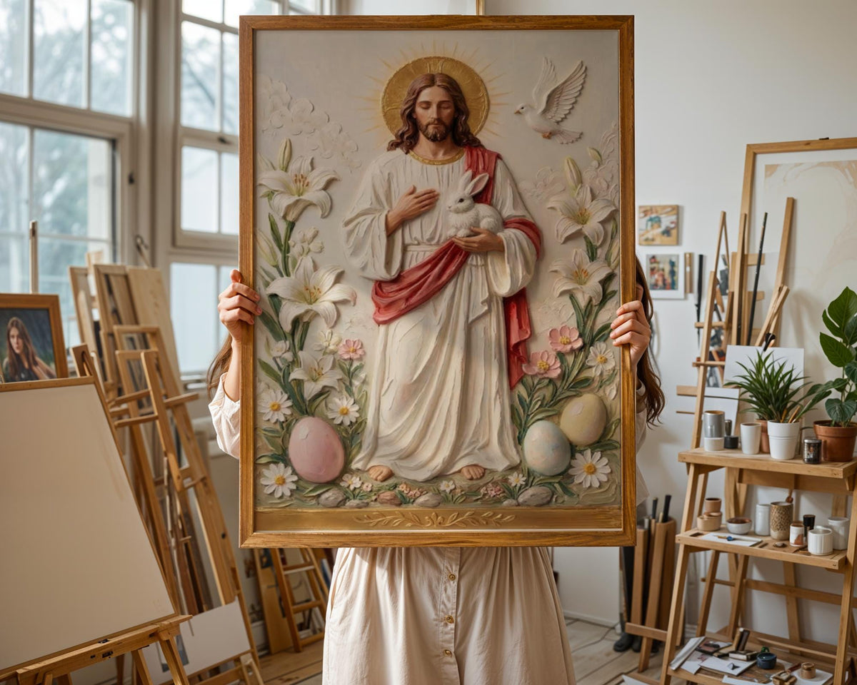 Jesus Easter Canvas Print, Christian Resurrection Art, Lamb Lily Dove Religious Decor