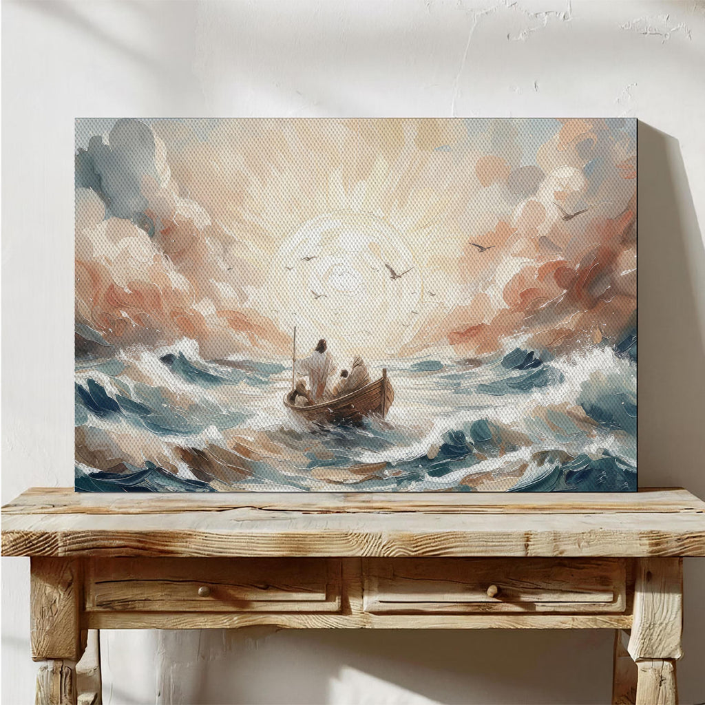 Jesus Calms the Storm Canvas | Christian Biblical Boat Painting