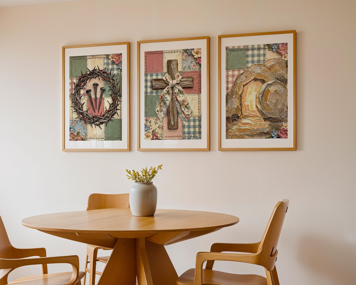 Rustic Christian Wall Art Set, Crown of Thorns Cross Tomb Canvas Prints