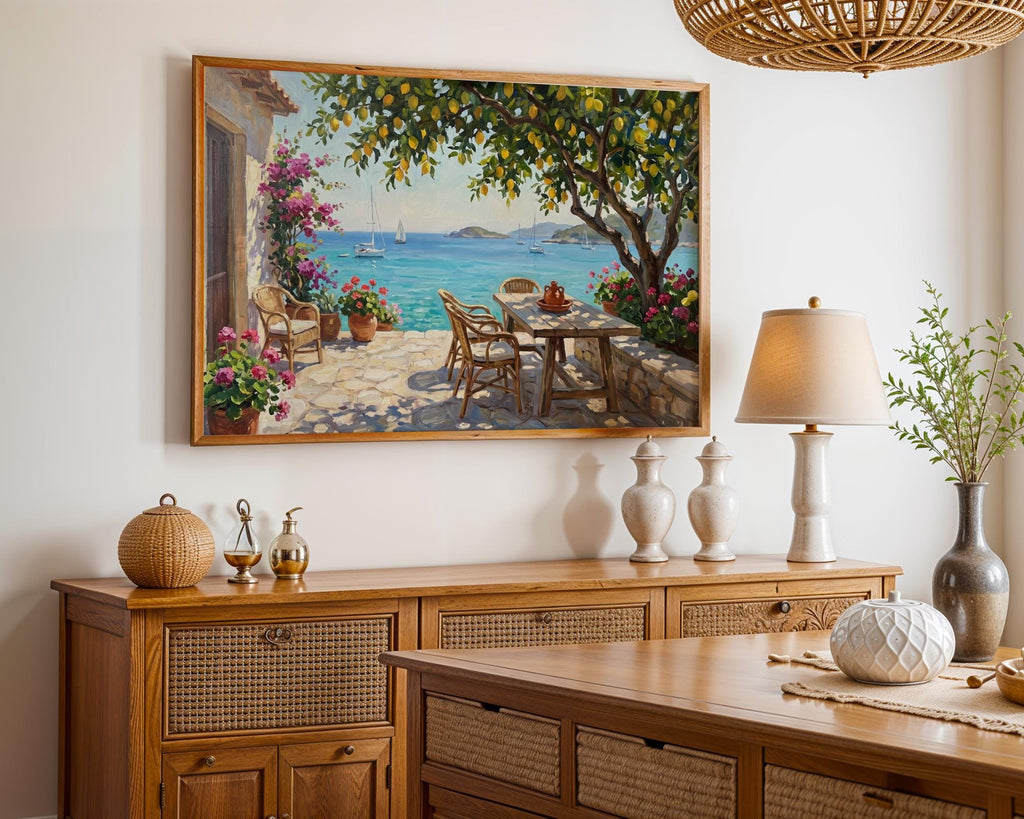 Amalfi Coast Lemon Tree Wall Art, Mediterranean Sea View Oil Painting, Italy Coastal Terrace Canvas, Summer Home Decor