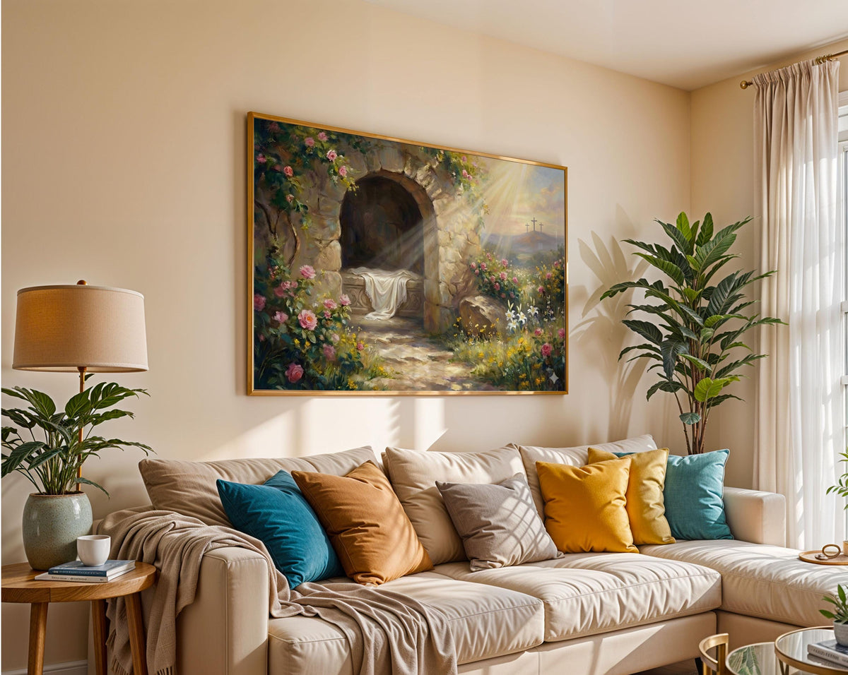 Resurrection Canvas Print, Empty Tomb Sunrise Painting, Christian Easter Decor, Floral Garden Home Poster