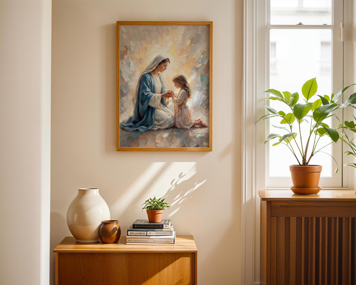 Virgin Mary Praying with Child Canvas Print, Marian Mother Daughter Faith Art