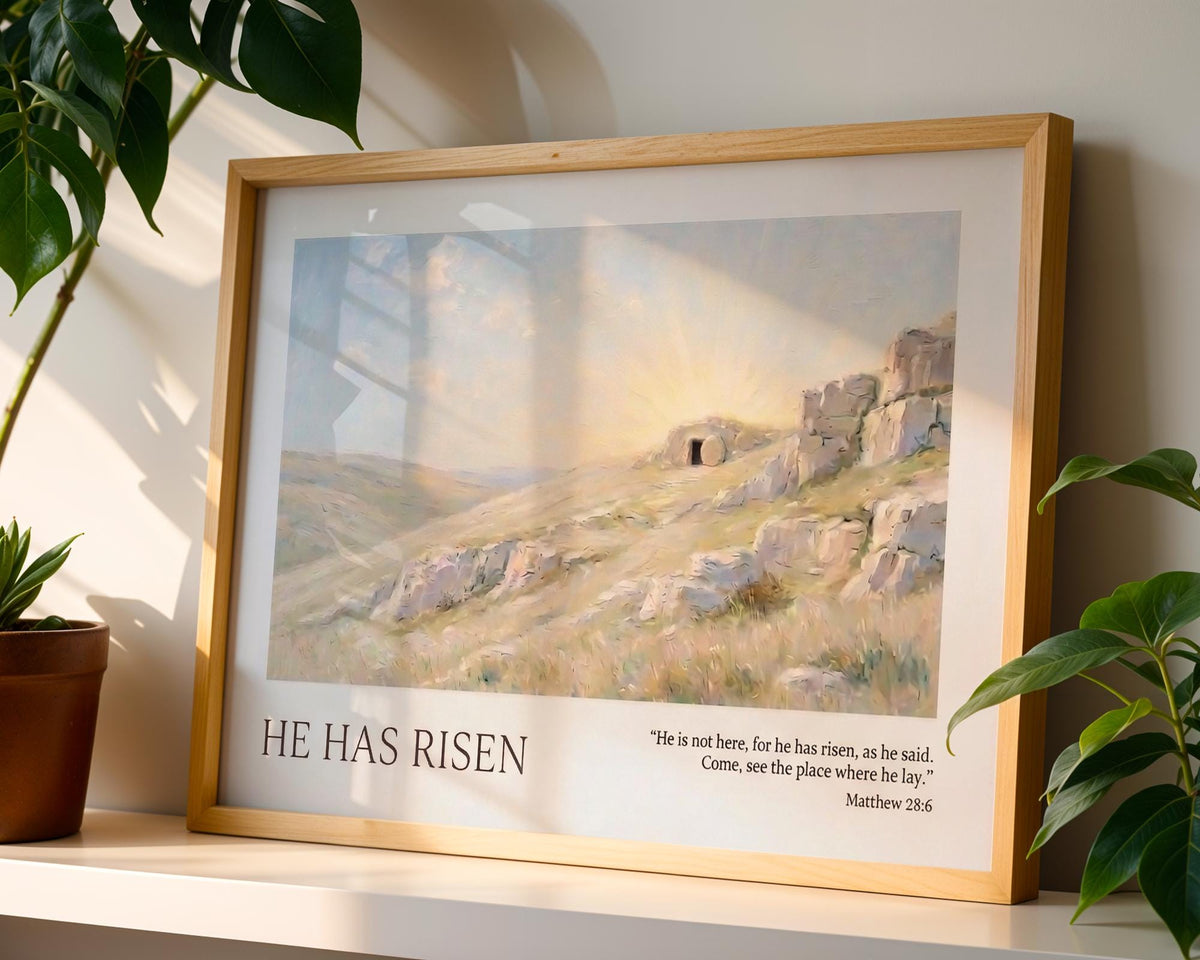 He Has Risen Canvas Print, Empty Tomb Sunrise Painting, Matthew 28:6 Bible Verse