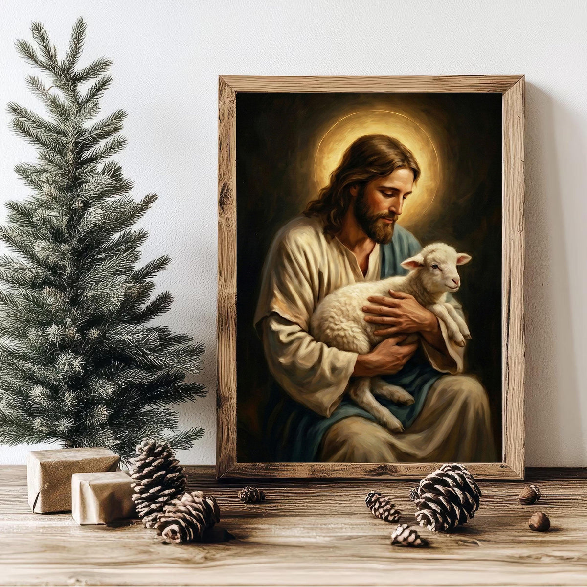 Good Shepherd Jesus Canvas Print, Christ Holding Lamb Painting, Religious Home Decor Poster