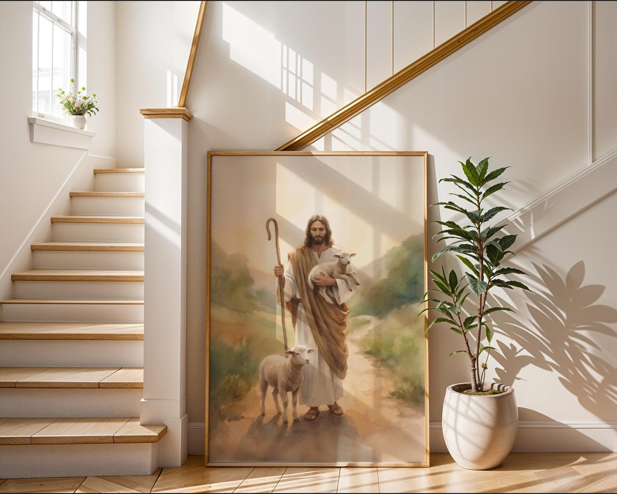 Jesus Christ Good Shepherd Watercolor Painting - Christian Wall Art Print - Lamb of God Religious Decor Poster Canvas