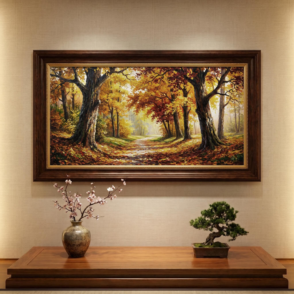 Autumn Forest Panoramic Oil Painting, Extra Wide Fall Landscape Canvas Print, Golden Tree Path Wall Art Decor