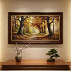 Autumn Forest Panoramic Oil Painting, Extra Wide Fall Landscape Canvas Print, Golden Tree Path Wall Art Decor