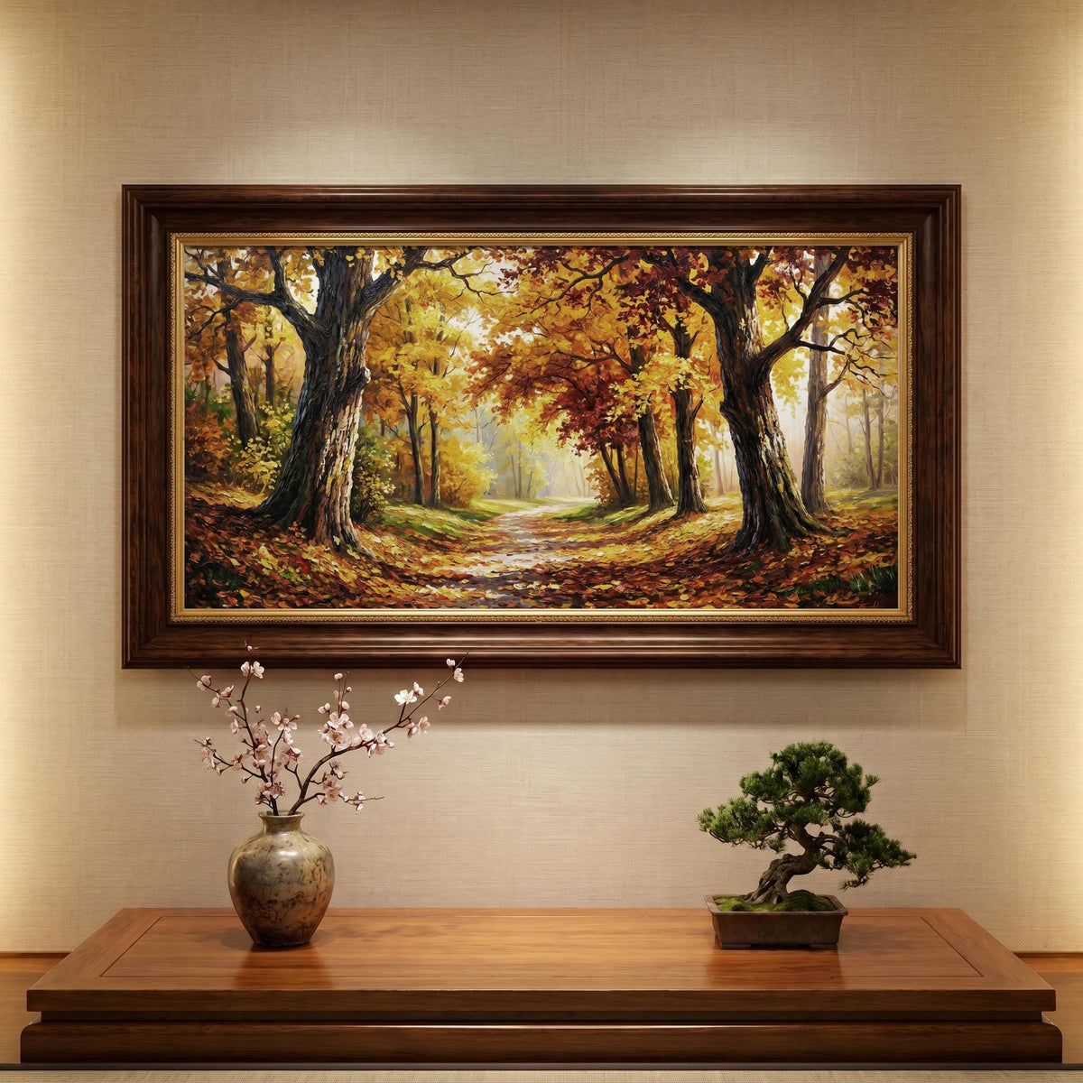 Autumn Forest Panoramic Oil Painting, Extra Wide Fall Landscape Canvas Print, Golden Tree Path Wall Art Decor