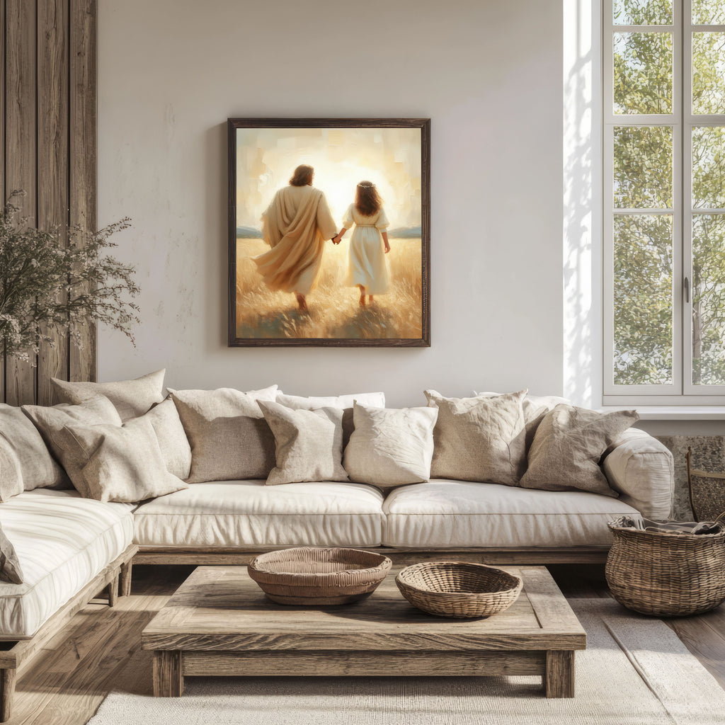 Jesus Walking With You, Faith-Filled Journey Artwork, Christ and Little Girl Art Print, Holygraceart