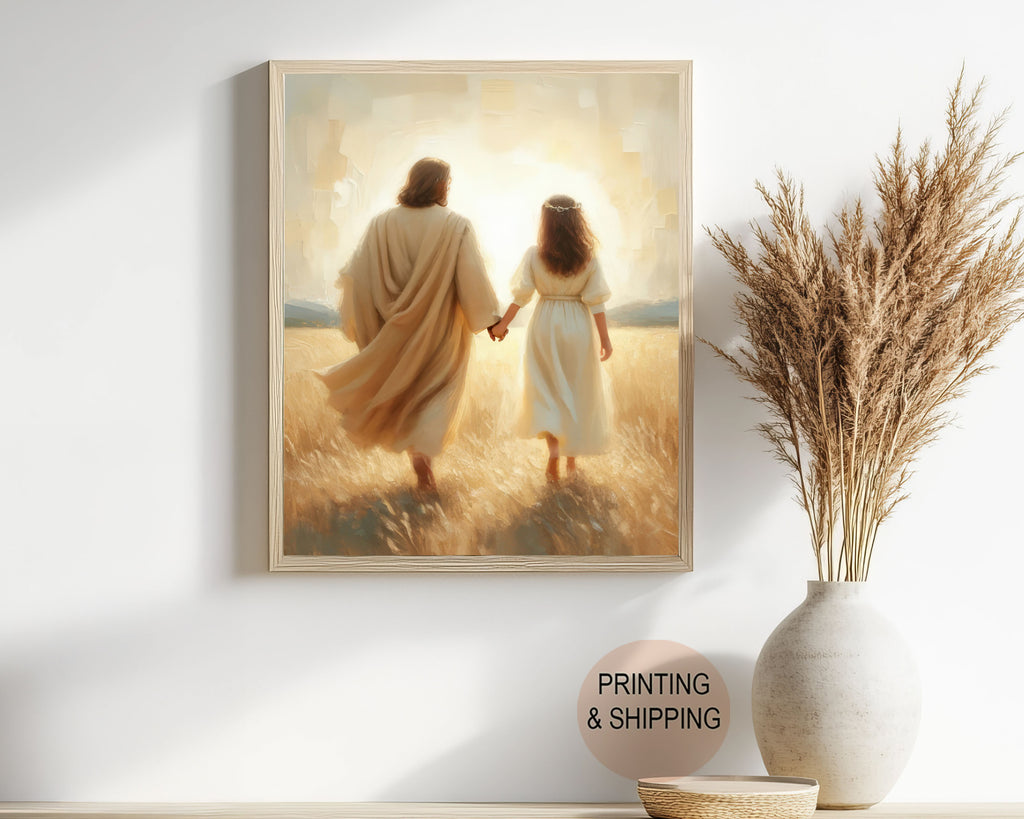 Jesus Walking With You, Faith-Filled Journey Artwork, Christ and Little Girl Art Print, Holygraceart
