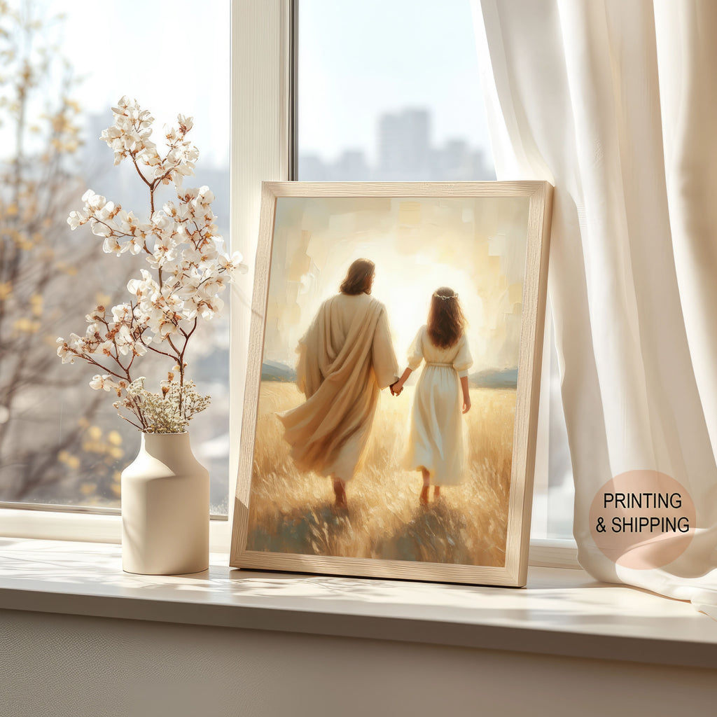 Jesus Walking With You, Faith-Filled Journey Artwork, Christ and Little Girl Art Print, Holygraceart