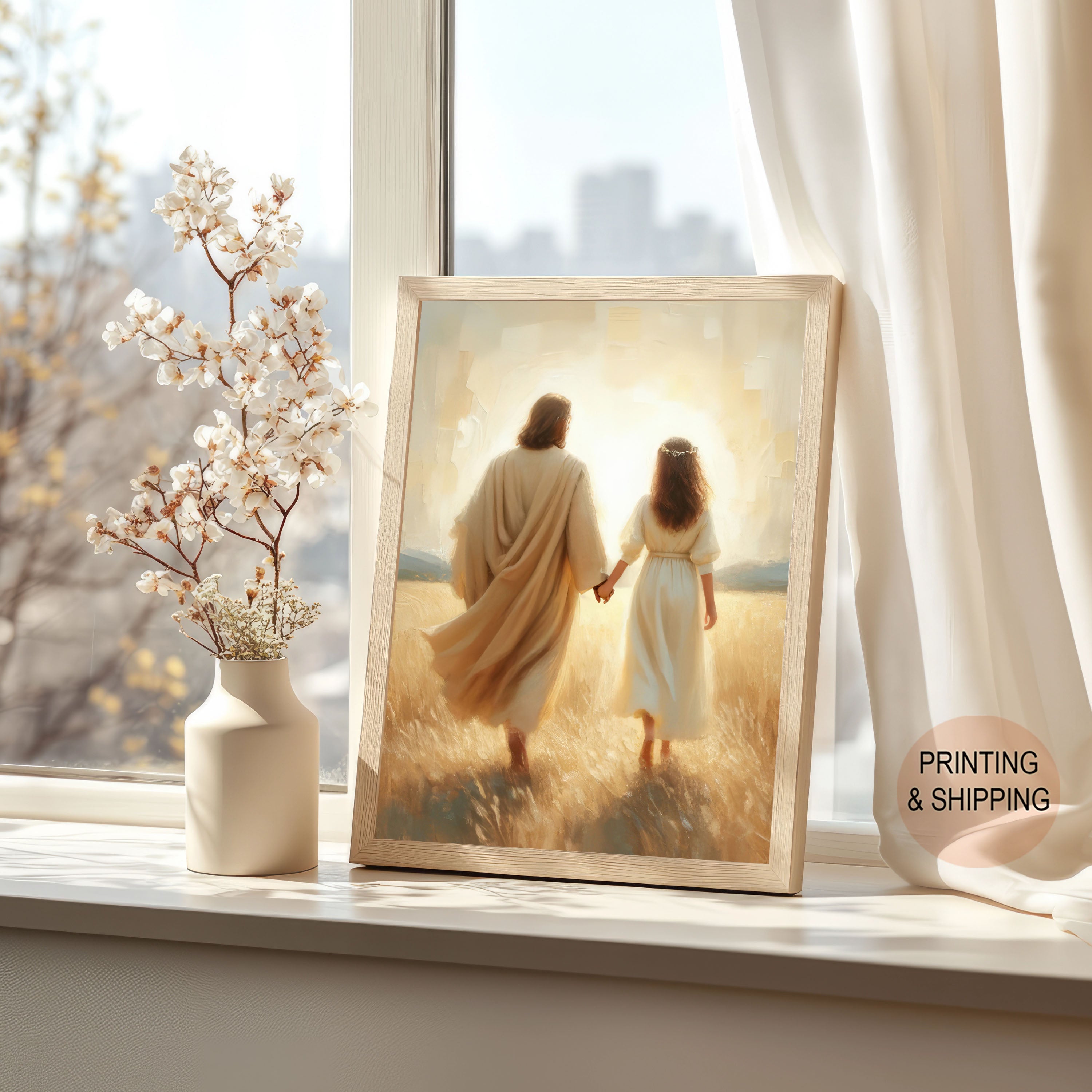 Jesus Walking With You, Faith-Filled Journey Artwork, Christ and Little Girl Art Print, Holygraceart