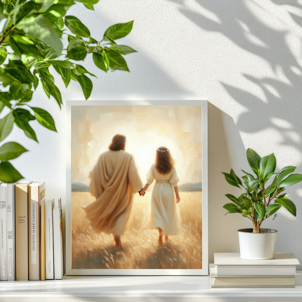 Jesus Walking With You, Faith-Filled Journey Artwork, Christ and Little Girl Art Print, Holygraceart