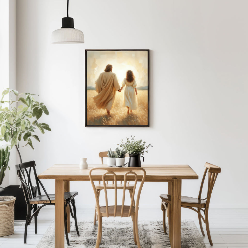 Jesus Walking With You, Faith-Filled Journey Artwork, Christ and Little Girl Art Print, Holygraceart