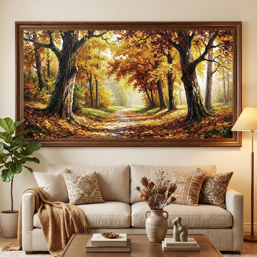 Autumn Forest Panoramic Oil Painting, Extra Wide Fall Landscape Canvas Print, Golden Tree Path Wall Art Decor