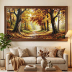 Autumn Forest Panoramic Oil Painting, Extra Wide Fall Landscape Canvas Print, Golden Tree Path Wall Art Decor
