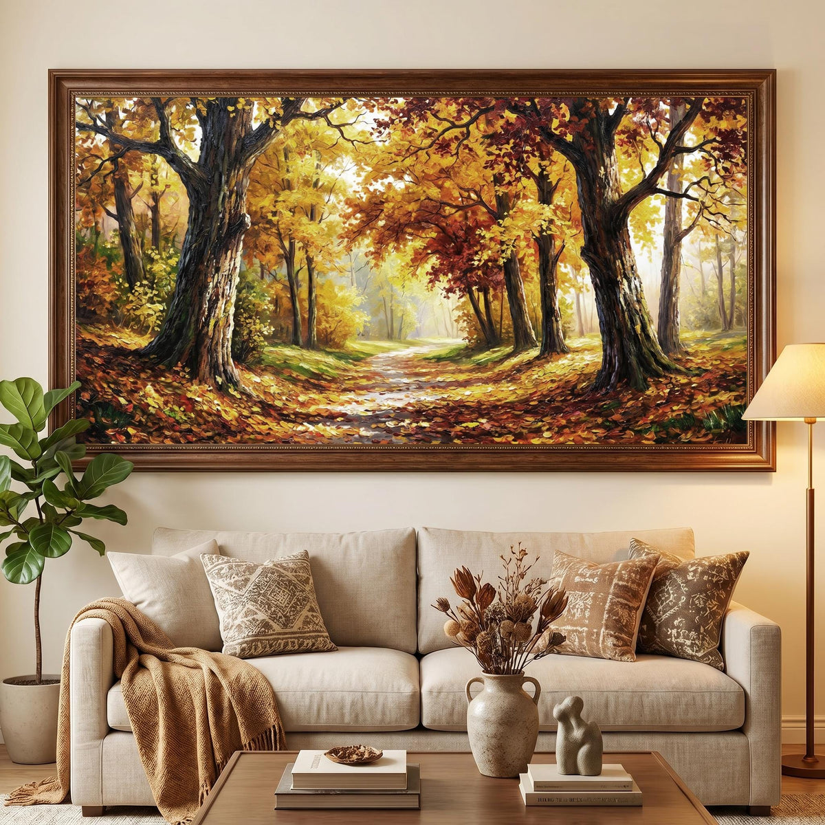Autumn Forest Panoramic Oil Painting, Extra Wide Fall Landscape Canvas Print, Golden Tree Path Wall Art Decor